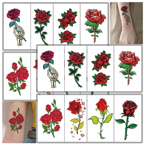 Rose Flower Temporary Tattoo Stickers, 16 Sheets Waterproof