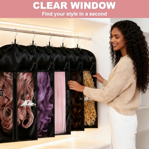FAMOVELL 2 Pack Silk Satin Wig Storage Bags with Wooden Hangers