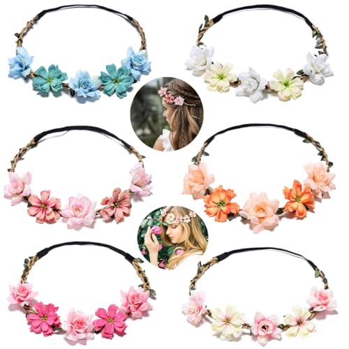 6 Pack Flower Crowns Headbands Set - Boho Hair Wreaths
