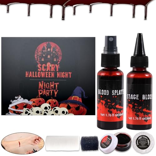 6PCS Halloween Fake Blood Makeup Kit£¬Washable for Scar Wound and Clothes Realistic Face Paint Wounds Costume Blood For Vampire, Zombie, Clown Cosplay Red£¬Stipple Sponge £¬ Cleansing Soap and Gauze
