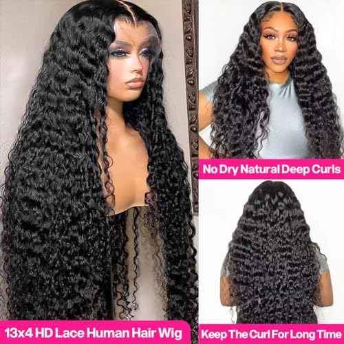 Wingirl 13x4 HD Deep Wave Lace Front Wigs Human Hair Pre Plucked with Baby Hair Transparent 180 Density Glueless Lace Frontal Wigs for Women Natural Black Color