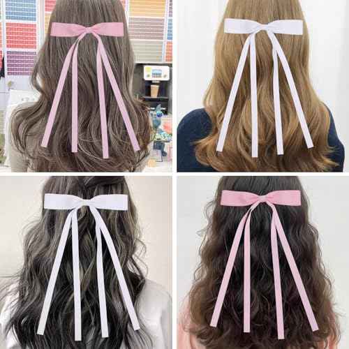 Hair Bows Clips Coquette Ribbon Bowknot with Long Tail Princess Hair Bows French Barrettes Hair Accessories for Women Girls 16PCS (Pink, White)