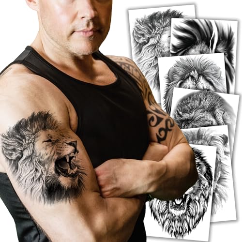 6 Sheets Realistic Lion Head Temporary Tattoos ? Fake Tattoo Stickers for Men, Women, and Teens ? Bold Lion Design for Cosplay, Parties, and Halloween