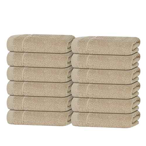 Tens Towels Pack of 12 Washcloths, 12 x 12 Inches, Lighter Weight, Quick to Dry, Super Soft & Absorbent, Gentle Face Towels, Hotel Quality, Perfect for Bathroom, Gym, Spa (Beige, 12 Pack)
