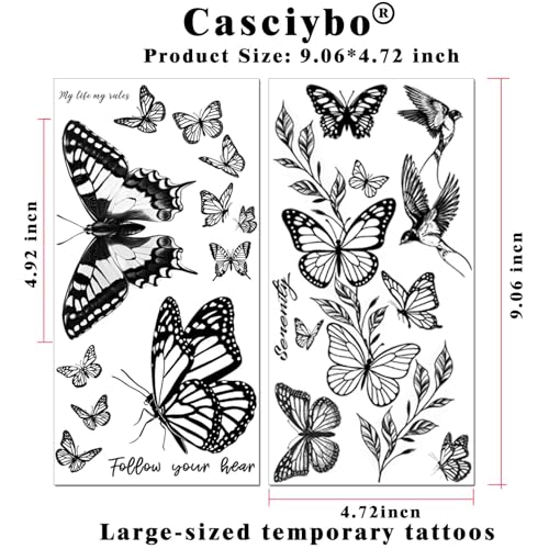 Temporary Tattoo Stickers for Women - 12 Sheets Butterfly Flower Black Waterproof