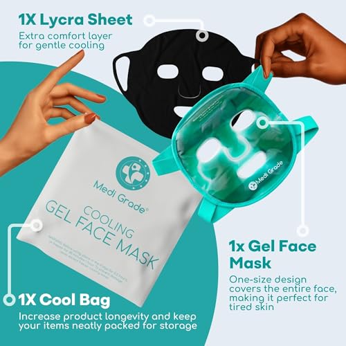 Medi Grade Cooling Gel Face Mask with 1 Lycra Fabric Mask and Storage Pouch - Soothing Gel Face Mask for Dark Circles and Puffiness - Cold Full Face Gel Mask Relaxation