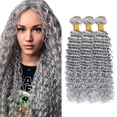 Fridnae Silver Deep Wave Human Hair Bundles 22/24/26 Inch - Grey-#GreyDP, 150g Each