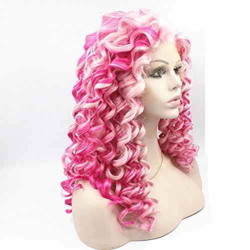 MX angel Mxangel Long Spirial Curl Heat Resistant Synthetic Lace Front Two Tone Curly Pink Wig