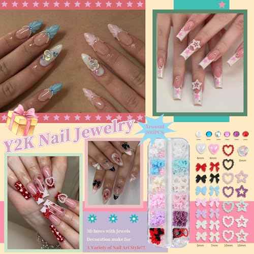 Nail Rhinestones , AB Crystal Nail Gems Flat Back Nail Rhinestones with Nail Pearls Star Heart Bows FLower Nail Charms and Rhinestone Picker Tools for Kwaii Y2K Nail Art Decor - 3 Boxes