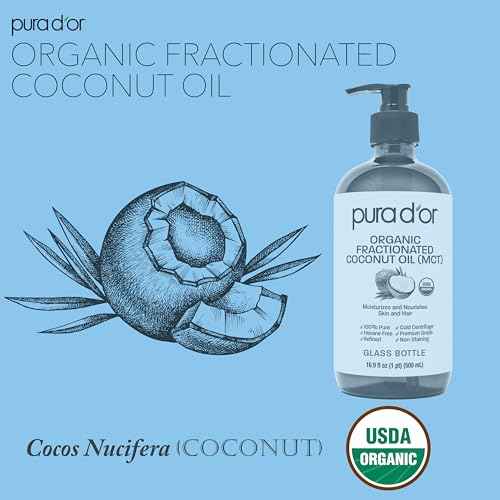 PURA D'OR 16.9 Oz ORGANIC Fractionated Coconut Oil MCT Oil (GLASS BOTTLE) 100% Pure & Natural USDA Certified Cold Pressed - Unscented, Hexane Free Moisturizer For Face, Skin & Hair Tonic - Men & Women