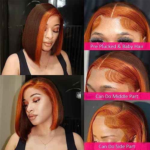 Ginger Orange Highlight Skunk Stripe Short Bob Wigs Human Hair Chocolate Brown Straight Bob Wigs Ombre 13x4 HD Lace Frontal Wigs Brazilian Virgin Human Hair Wig 150% Density Pre Plucked 10 Inch