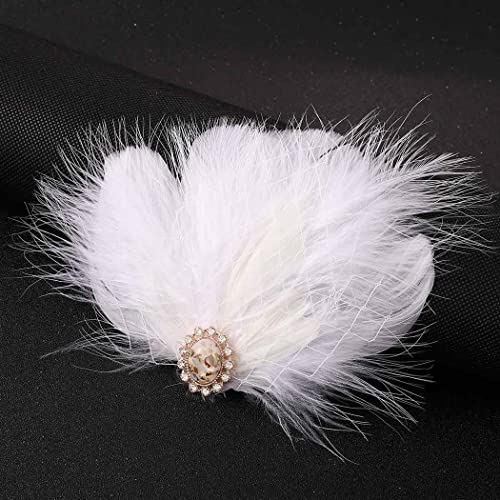 GENBREE 1920s Flapper Headband White Feather Hair Clip Rhinestone Headpiece Prom Party Hair Accessories for Women and Girls