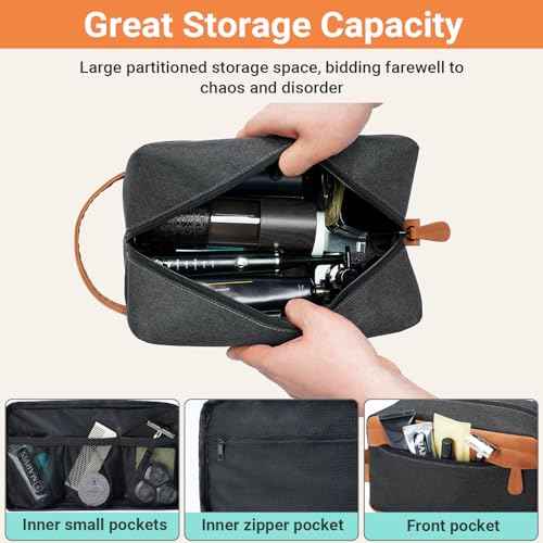 Elviros Travel Toiletry Bag for Men, Hanging Dopp Kit and Shaving Tool Pouch, Water Repellent PU Leather Mens Gift Toiletry Travel Small Bag for Bathroom and Gym, Black