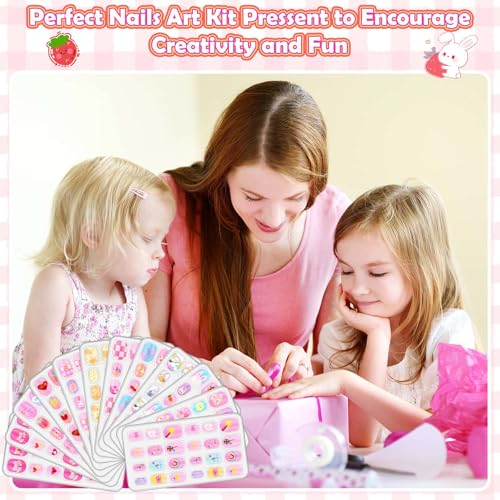 Kids Pink Fake Nails Set with 288 Self-Adhesive Press On Tips for Girls 8-12