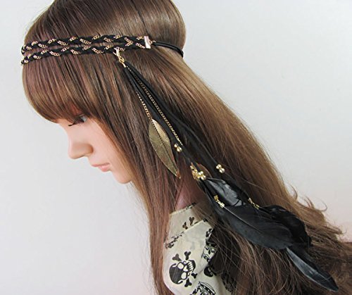 Women Lady Bohemian Double Braided Headband Tassels Hairband Headwear Hippie Feather Headband Hair Hoop Handmade Indian Fascinator Headband Headdress Hair Bands Hair Accessories (Black)