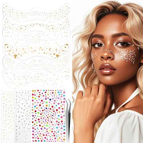 XANGNIER Glitter Freckles Face Tattoo,9 Sheets Face Glitter Makeup Sparkles Stickers for Women,Gold Silver Jewels Gems Half Magic Stickers for Fairy Accessories,Rave Festival Trinkets Accessories