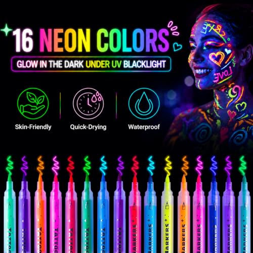 UV Glow Body Paint Markers - 16 Colors, Washable Neon Face Paint Pens