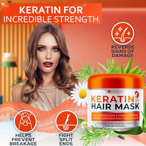 Keratin Hair Mask - Sulfate Free Hydrating Deep Conditioner Treatment for Dry, Damaged and Split Ends - Moisture for Frizzy and Curly Hair - For Women and Men - Moisturizer Care to Repair Damage