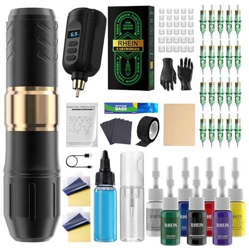 Tattoo Gun Kit Wireless Rotary Tattoo Machine Pen Kit with 1PCS Battery and 20 Pcs Cartridge Needles 7 Colors Ink Complete Tattoo Supplies RN-TK2004-1
