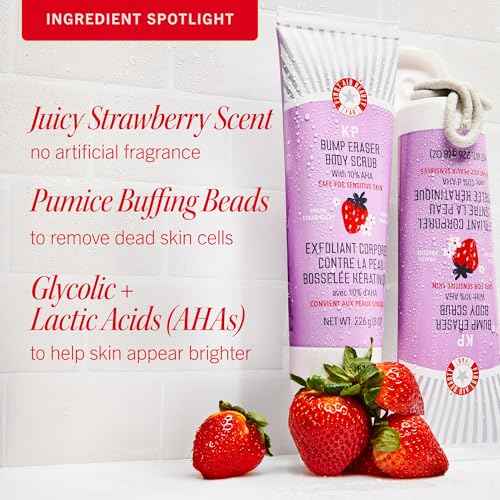 First Aid Beauty - KP Bump Eraser Body Scrub with 10% AHA, Keratosis Pilaris Exfoliator with Glycolic and Lactic acids, Helps Reduce Chicken Skin Bumps, Safe for Sensitive Skin, Strawberry Scent, 2 oz