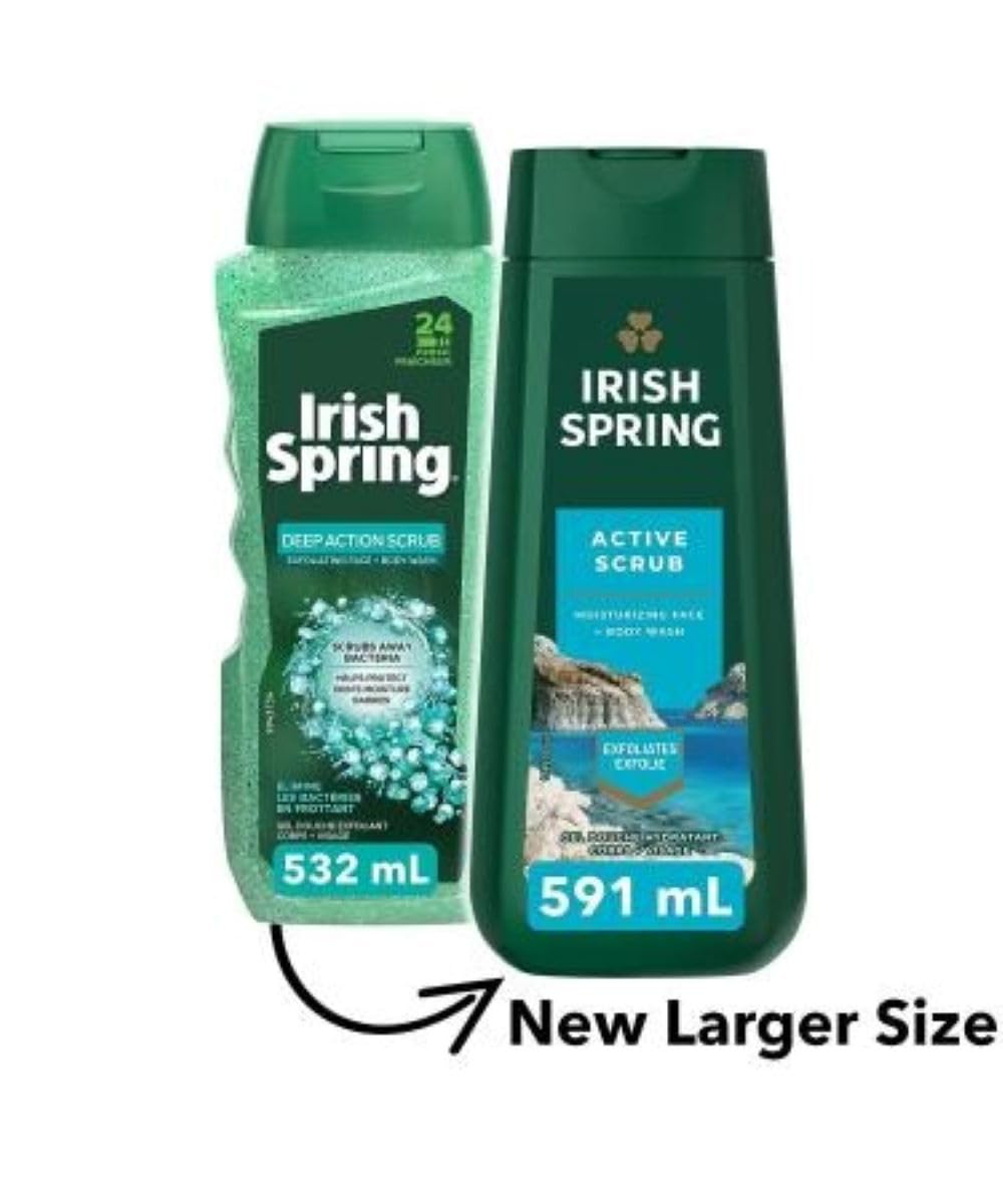 Irish Spring Body Wash Active Scrub Moisturizing Face Exfoliating Gel 20 Fl Oz (Pack of 2)