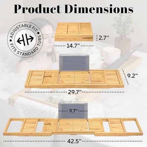 Premium Bamboo Bathtub Tray - Expandable Bath Caddy for Wine, Books & Phones