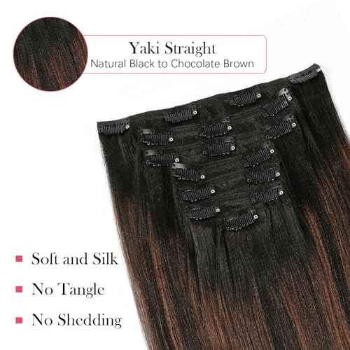 Sassina Thick Yaki Straight Style Clip in Hair Extensions Natural Black to Chocolate Brown Double Weft Real Human Hair Clip in Hair Extensions 120 Grams 14 Inch 7 Pcs