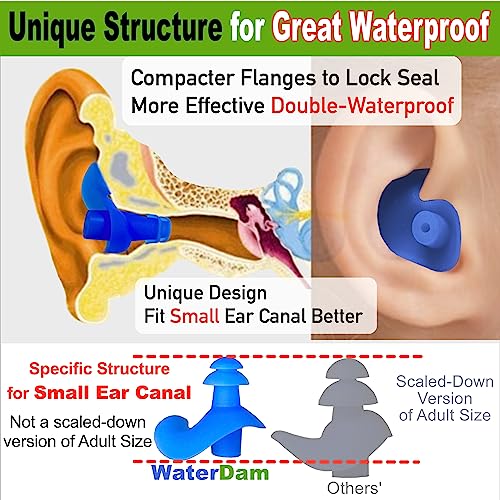 WaterDam A-Series Swimming Ear Plugs Ultra Comfy Great Waterproof Earplugs (Mixed Sizes, Size 1+2A: Small Ear Women Teens Kids (Blue Green))