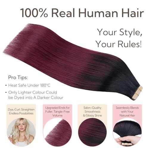 HOTBANANA Tape in Hair Extensions, 22 Inch Tape in Hair Extensions Human Hair 20pcs 50g Jet Black to Burgundy Tape ins Straight Remy Human Hair