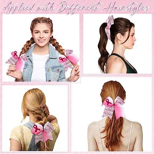 Retrowavy 18 Pcs 7 Inch Breast Cancer Awareness Cheer Bows Pink Ribbon Hair Bows Accessories Hair Tie Ponytail Holder Elastic Band for Teens Women Cheerleader Public Charity(Ribbon)