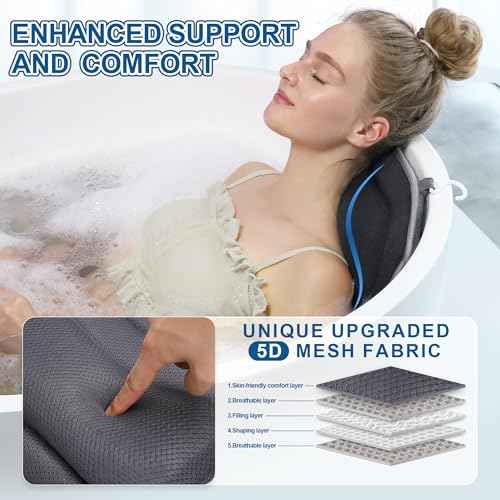 Full Body Bath Pillow for Tub - Extra Long & Thick Tub Pillow with Head, Back & Lumbar Support, 168 Non-Slip Suction Cups, Soft 5D Mesh Spa Cushion, Fits All Tubs-Gift for Soaking(Gray)