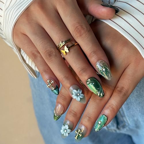 Green Leaf Fake Nails Press on Set, 10PCS with Floral Accents & Crystal Decorations, Includes Glue Tools Storage Box, Artistic Manicure Set for Special Events (green, S)