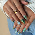 Green Leaf Fake Nails Press on Set, 10PCS with Floral Accents & Crystal Decorations, Includes Glue Tools Storage Box, Artistic Manicure Set for Special Events (green, S)
