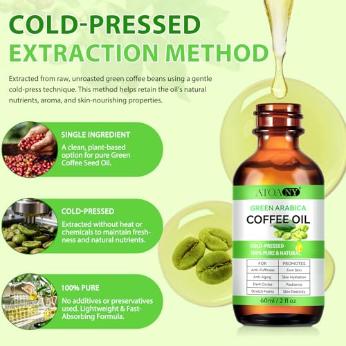 Coffee Oil for Skin, Green Coffee Bean Oil for Face & Hair Growth, Cellulite, Green Coffee Bean Extract, Reduces Puffiness, Dark Circles, Stretch Marks, Skin Tightening, Cold-Pressed, 4 Fl Oz