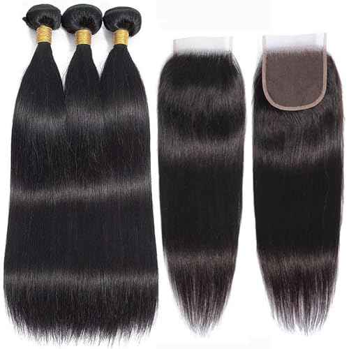 10A Straight Bundles with Closure 12 14 16 with 10 Inch Human Hair Bundles with Closure 100% Unprocessed Brazilian Virgin Human Hair Weave with Closure HD Lace