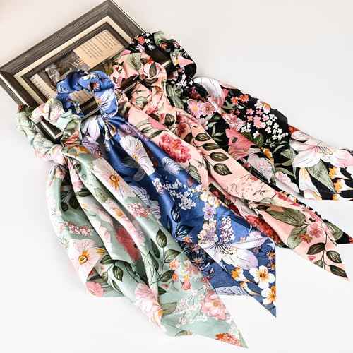 4-Piece Satin Hair Scarf Scrunchies for Women Girls, No Damage Cute Hair Ties with Bow Ribbons Ponytail Holders Elastic Rubber Bands (Lily)