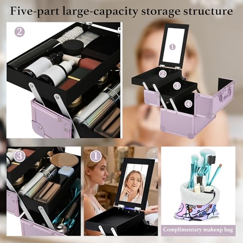 Makeup Train Case with Mirror - 2-Tray Purple Cosmetic Organizer