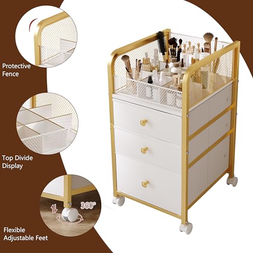 Rolling Makeup Organizer Cart with 3 Drawers - Gold