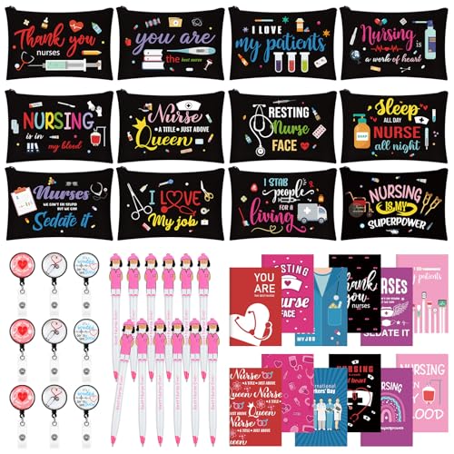Yeaqee 48 Pcs Nurse Christmas Appreciation Gifts Set Bulk Include Makeup Cosmetic Bag Pocket Journal Notebooks Ballpoint Pen Badge Reel for Christmas Women Rn Assistant Student(Black,Nursing)