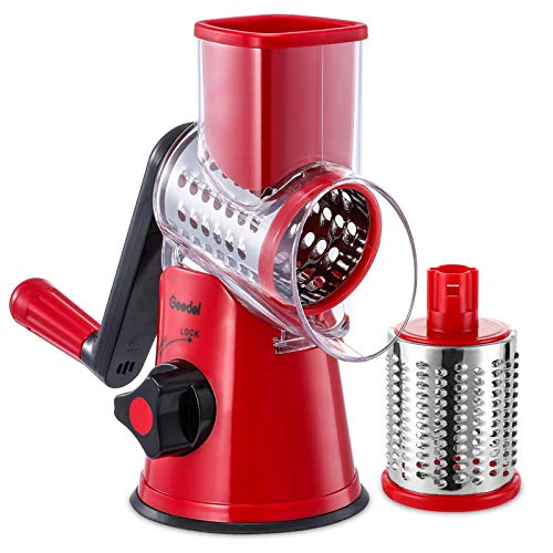 Geedel Rotary Cheese Grater, Kitchen Mandoline Vegetable Slicer with 2 Interchangeable Blades, Easy to Clean Rotary Grater Slicer for Fruit, Vegetables, Nuts