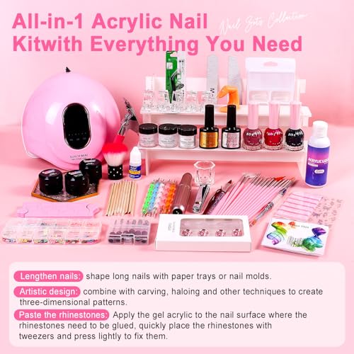 Acrylic Nail Kit with Everything for Beginners Starter Complete Set with Drill Light Nail Polish Extension Gel Nail Art Decoration Tools for Salon Starter Home Salon