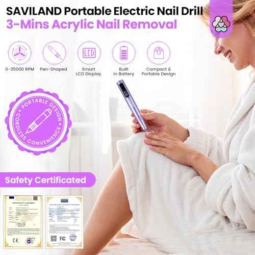 SAVILAND Electric Nail Drill: 35000RPM Cordless Electric Nail File Portable Nail Drill Professional 0 Vibration Hight Speed for 3 Mins Removal Acrylic for Manicure Pedicure Nail Salon at Home£¨Purple£©