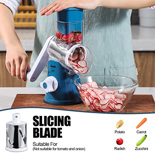 Geedel Rotary Cheese Grater, Kitchen Mandoline Vegetable Slicer with 3 Interchangeable Blades, Easy to Clean Rotary Grater Slicer for Fruit, Vegetables, Nuts