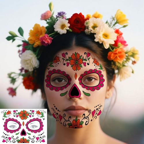 Halloween Temporary Face Tattoos Makeup Kit, Day of the Dead Sugar Skull Floral Black Skeleton Web Red Roses Full Face Mask Stickers Tattoo Families Party Supplies