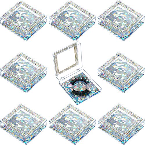 Blulu 8 Pcs 3D Empty eyelash case, Glitter lash cluster box Square Eyelash Storage Boxes with Glitter Paper and Clear Tray for Women(Silver)