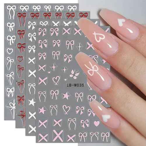 JMEOWIO 8 Sheets Heart Bow Tie Nail Art Stickers Decals Self-Adhesive Pegatinas U?as Pink Nail Supplies Nail Art Design Decoration Accessories