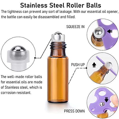 Easytle Essential Oil Roller Bottles 5ml, 24 Pack Amber Glass