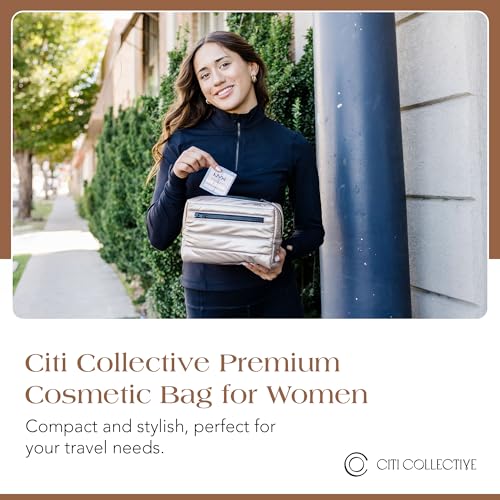 Citi Collective Premium Cosmetic Bag for Women| Makeup Travel Bag, Toiletry Bags for Women| Large Capacity Storage Waterproof Cosmetic Bag for Business, Vacation, or Weekend Traveling (Gold)