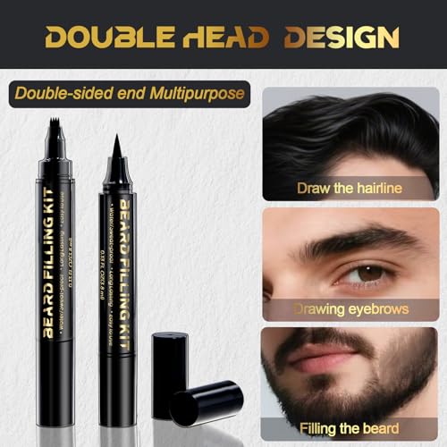 3 PCS Beard Pen Filler for Men - Black 4 Tip Pen for Natural Looking Appearance - 2 Fillers & 1 Double Head Brush - Waterproof Four Fork Eyebrow Pencil Eyeliner (Black)