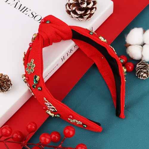 CAVETEE Christmas Headband for Women, Red Knotted Headband with Rhinestone Tree Snowflake Pearl Christmas Decorations for Women